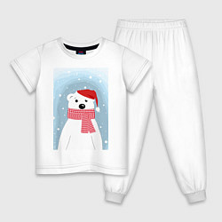 Пижама хлопковая детская Мультяшный белый медведь в красной шапке с шарфом, цвет: белый