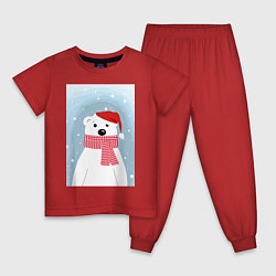 Пижама хлопковая детская Мультяшный белый медведь в красной шапке с шарфом, цвет: красный