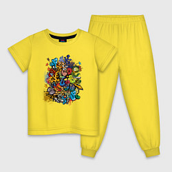 Пижама хлопковая детская Граффити лицо и монстрики, цвет: желтый