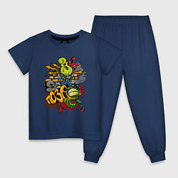 Пижама хлопковая детская Граффити монстрик и молнии, цвет: тёмно-синий
