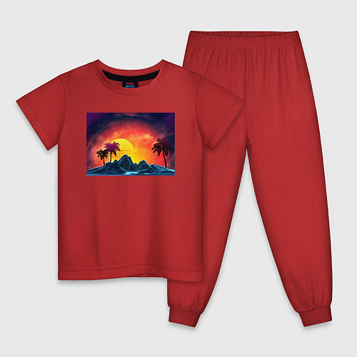 Детская пижама Пляж и пальмы абстрактный ретро дизайн / Красный – фото 1