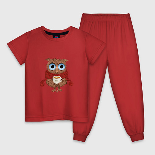 Детская пижама Зимняя сова - птица в шарфе и с кружкой чая / Красный – фото 1