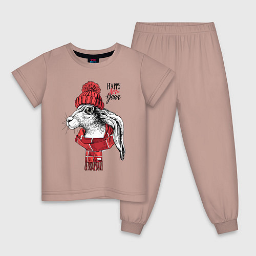 Детская пижама Happy New Year! Rabbit in a red knitted hat / Пыльно-розовый – фото 1
