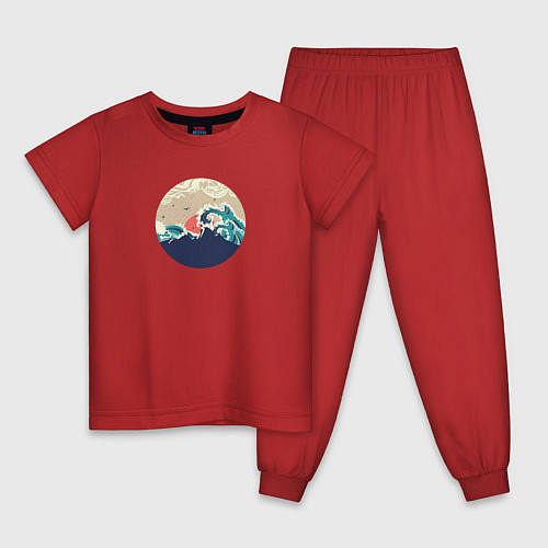 Детская пижама Большие океанские волны и силуэт острова на закате / Красный – фото 1