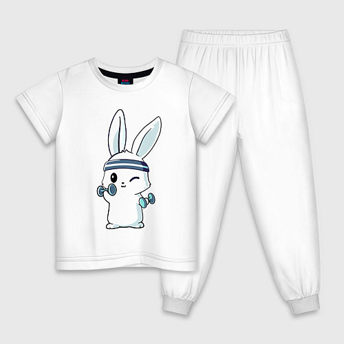 Детская пижама Прикольный зайчишка пауэрлифтер / Белый – фото 1