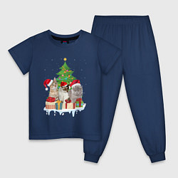 Пижама хлопковая детская Коты и елка с подарками, цвет: тёмно-синий