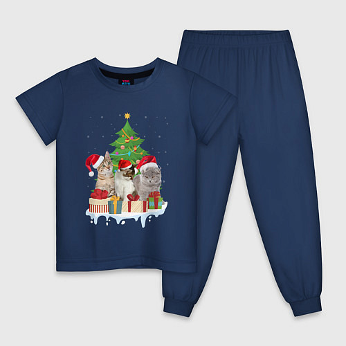 Детская пижама Коты и елка с подарками / Тёмно-синий – фото 1