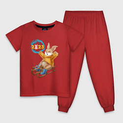 Пижама хлопковая детская Зайчик на санях, цвет: красный