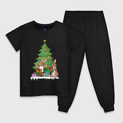 Пижама хлопковая детская Кролики елка и подарки, цвет: черный