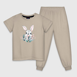 Пижама хлопковая детская Кролик в цветах, цвет: миндальный