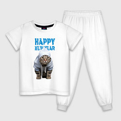 Пижама хлопковая детская Happy New Year - Прикольный котик, цвет: белый