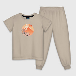 Пижама хлопковая детская Ветвь сакуры и вулкан, цвет: миндальный