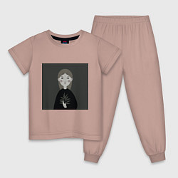 Пижама хлопковая детская Мультяшная девочка с растением в руке, цвет: пыльно-розовый