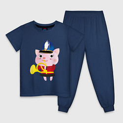 Пижама хлопковая детская Розовый котик-музыкант, цвет: тёмно-синий