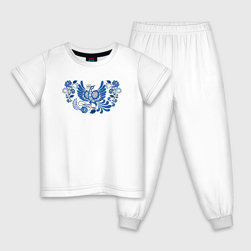 Детская пижама Синяя птица в орнаменте гжель / Белый – фото 1