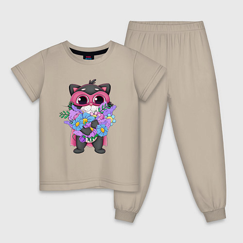 Детская пижама Кот супергерой с цветами / Миндальный – фото 1