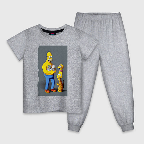 Детская пижама Homer Simpson and cats - нейросеть арт / Меланж – фото 1