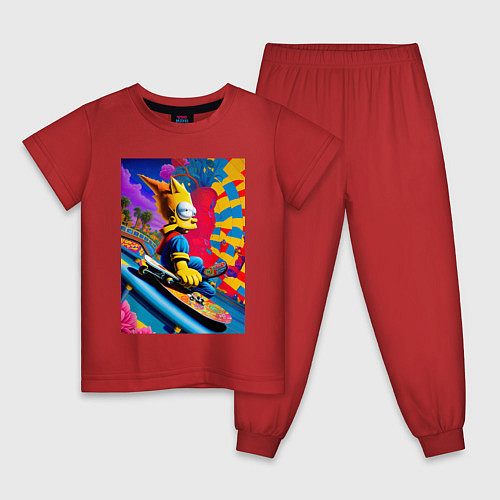 Детская пижама Барт Симпсон скейтбордист - нейросеть / Красный – фото 1