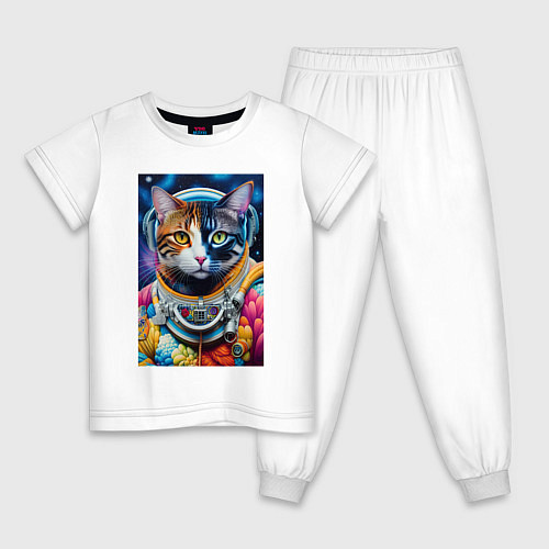 Детская пижама Котёнок космонавт - нейросеть / Белый – фото 1