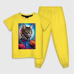 Пижама хлопковая детская Кот модник - нейросеть, цвет: желтый
