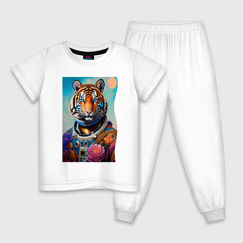 Детская пижама Тигр в космическом скафандре - нейросеть / Белый – фото 1