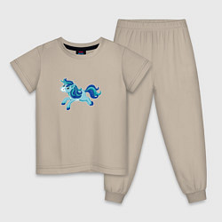 Пижама хлопковая детская Голубой мультяшный единорог, цвет: миндальный