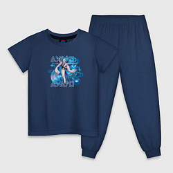 Пижама хлопковая детская Камисато Аято гидро надписи, цвет: тёмно-синий