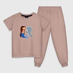 Пижама хлопковая детская Дельфин и русалка, цвет: пыльно-розовый