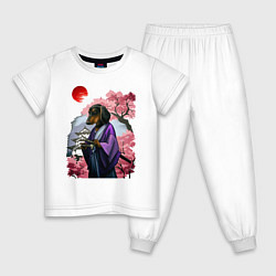 Пижама хлопковая детская Такса-Самурай весенняя на фоне сакуры, цвет: белый
