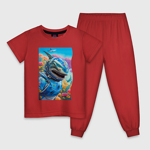 Детская пижама Shark - cyberpunk - neural network / Красный – фото 1