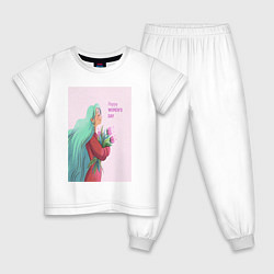 Пижама хлопковая детская Девушка с цветами, цвет: белый