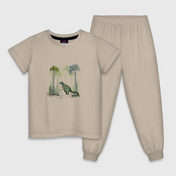 Пижама хлопковая детская Динозавр в лесу, цвет: миндальный