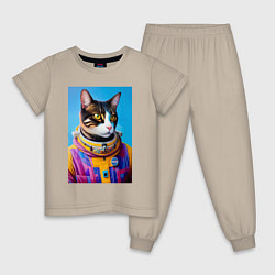 Пижама хлопковая детская Кот космонавт в скафандре, цвет: миндальный