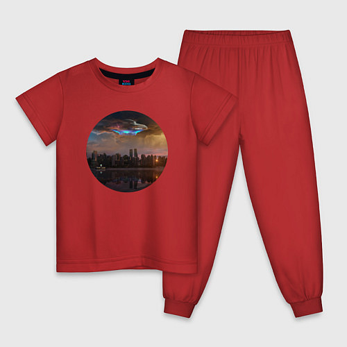 Детская пижама НЛО в городе / Красный – фото 1