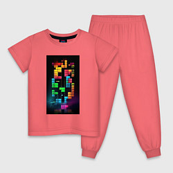 Пижама хлопковая детская Цветной тетрис, цвет: коралловый