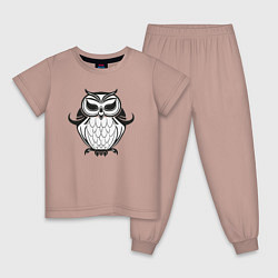 Пижама хлопковая детская Сова, черно-белая птица, цвет: пыльно-розовый