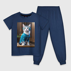 Пижама хлопковая детская Кот в голубом костюме, цвет: тёмно-синий