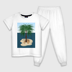 Пижама хлопковая детская Кот под пальмой на острове, цвет: белый