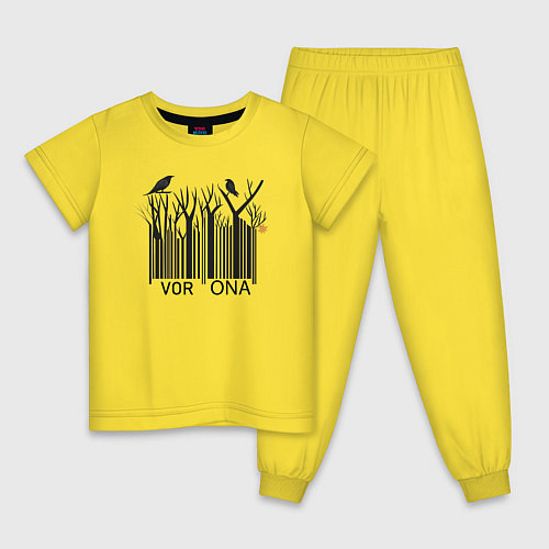 Детская пижама Прикольный штрих-код из ветвей с воронами на ветка / Желтый – фото 1