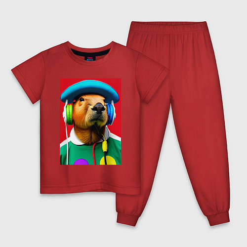 Детская пижама Капибара в наушниках и шляпе - нейросеть / Красный – фото 1
