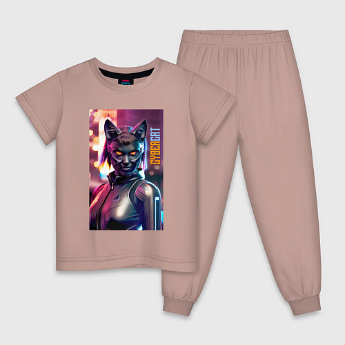 Детская пижама Взгляд чёрной кошки - киберпанк - нейросеть / Пыльно-розовый – фото 1
