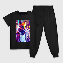 Пижама хлопковая детская Cyber fox - neon - city, цвет: черный
