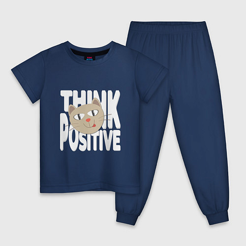 Детская пижама Забавный кот и надпись Think positive / Тёмно-синий – фото 1