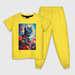 Пижама хлопковая детская Кошка следящая за модой - нейросеть, цвет: желтый