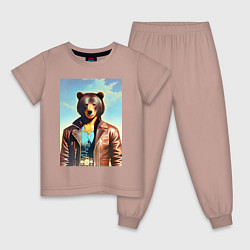 Пижама хлопковая детская Cool bear in a leather jacket - neural network, цвет: пыльно-розовый