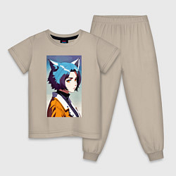Пижама хлопковая детская Девчонка-волчонок - нейросеть - аниме, цвет: миндальный