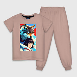 Пижама хлопковая детская Девочка и волк - аниме - нейросеть, цвет: пыльно-розовый
