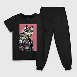Пижама хлопковая детская Волк следящий за модой - нейросеть, цвет: черный