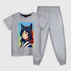 Пижама хлопковая детская Девочка-волчонок - нейросеть - аниме, цвет: меланж