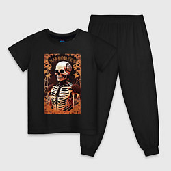 Пижама хлопковая детская Gothic skeleton - floral pattern, цвет: черный